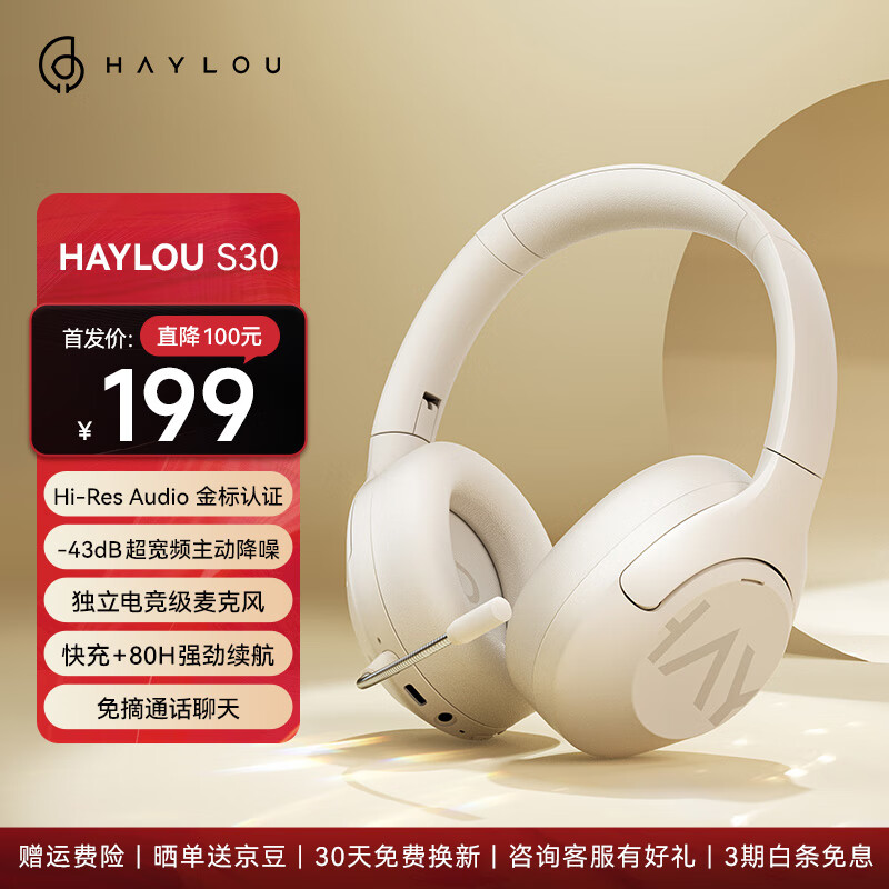 HAYLOU 嘿喽 S30 PRO 耳罩式头戴式动圈主动降噪蓝牙耳机 米白色 198元