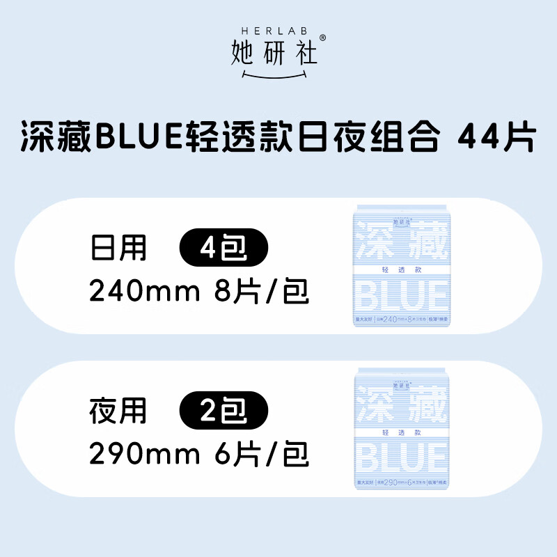 PLUS会员：Herlab 她研社 深藏blue轻透款卫生巾套装 44片 47.41元包邮（拍下立减