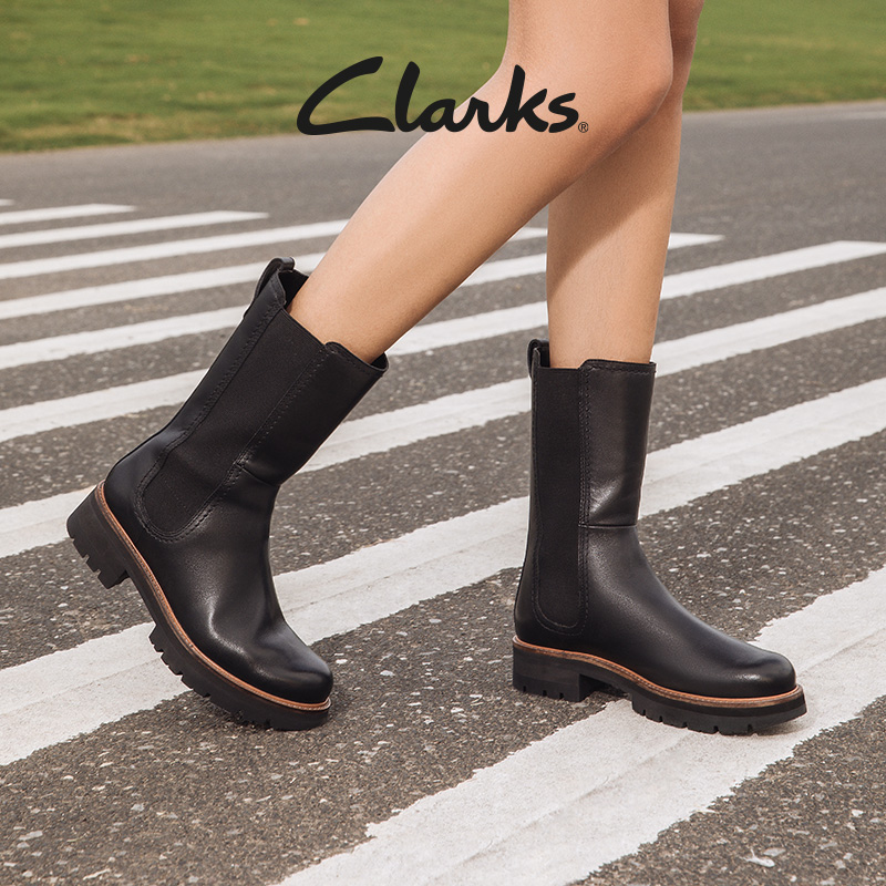 Clarks 其乐 女鞋秋冬复古潮流烟筒靴厚底增高瘦瘦靴切尔西靴女 753.75元（需