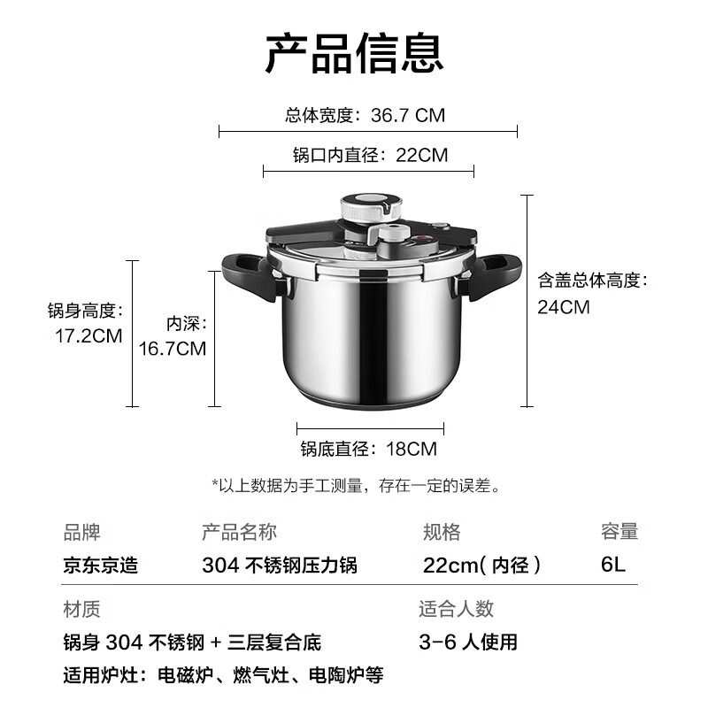 移动端、京东百亿补贴：京东京造 京造 大容量电磁炉通用双耳压力锅22CM 214