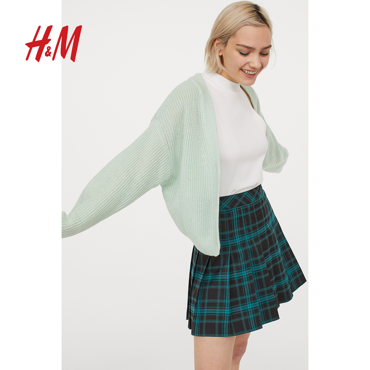 H&M HM女装半身裙冬季女新款休闲时髦格纹高腰百褶短裙0869379 42.5元