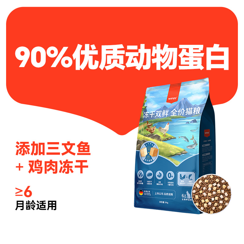 Wanpy 顽皮 双鲜粮冻干双拼猫粮1.5kg/8kg 39元（需用券）