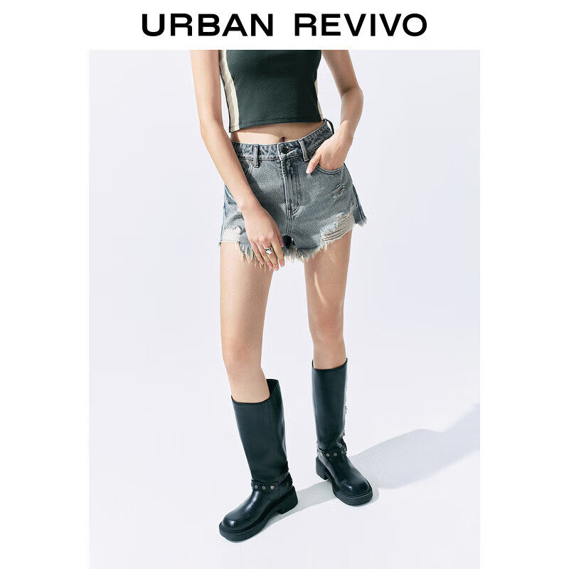 URBAN REVIVO UR2024秋季新款女装复古街头风破洞流苏牛仔短裤UYY840003 139元（需