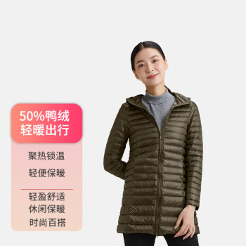 隶玛 女带帽羽绒服中长款时尚保暖百搭休闲外套 军绿色连帽 L ￥26