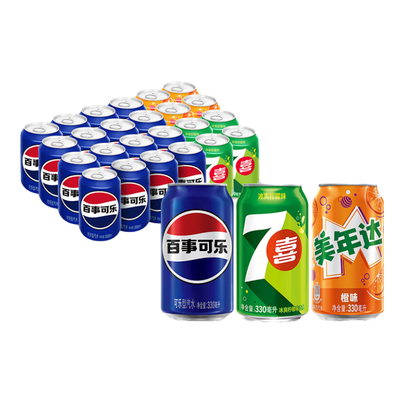 Plus会员 再降价：百事可乐百事/7喜/美年达 330ml*24（16+4+4）整箱 27.73元