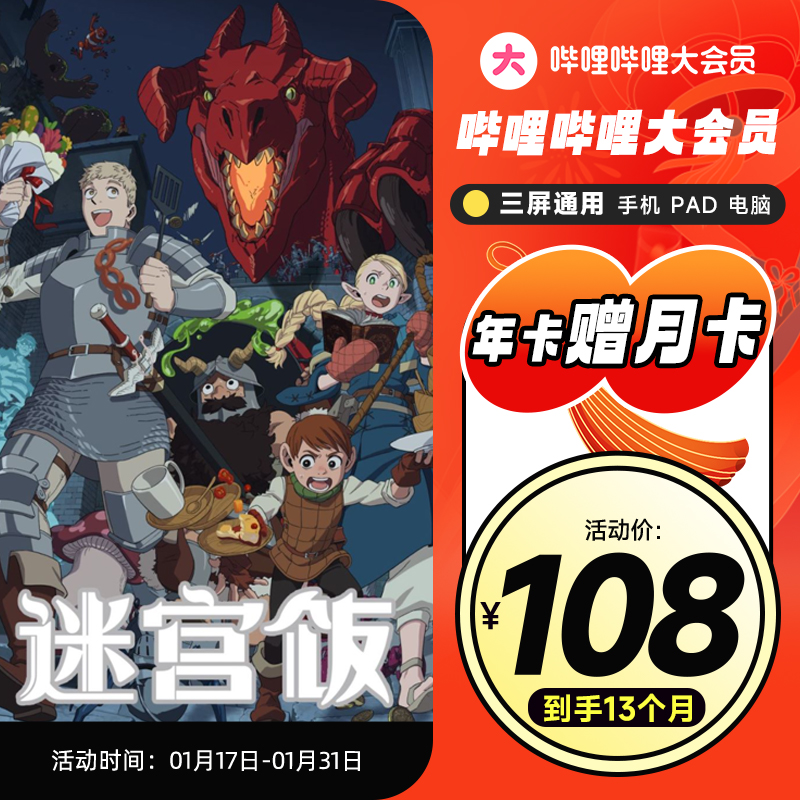 bilibili 哔哩哔哩 大会员 13个月 官方直充 108元包邮（需用券）