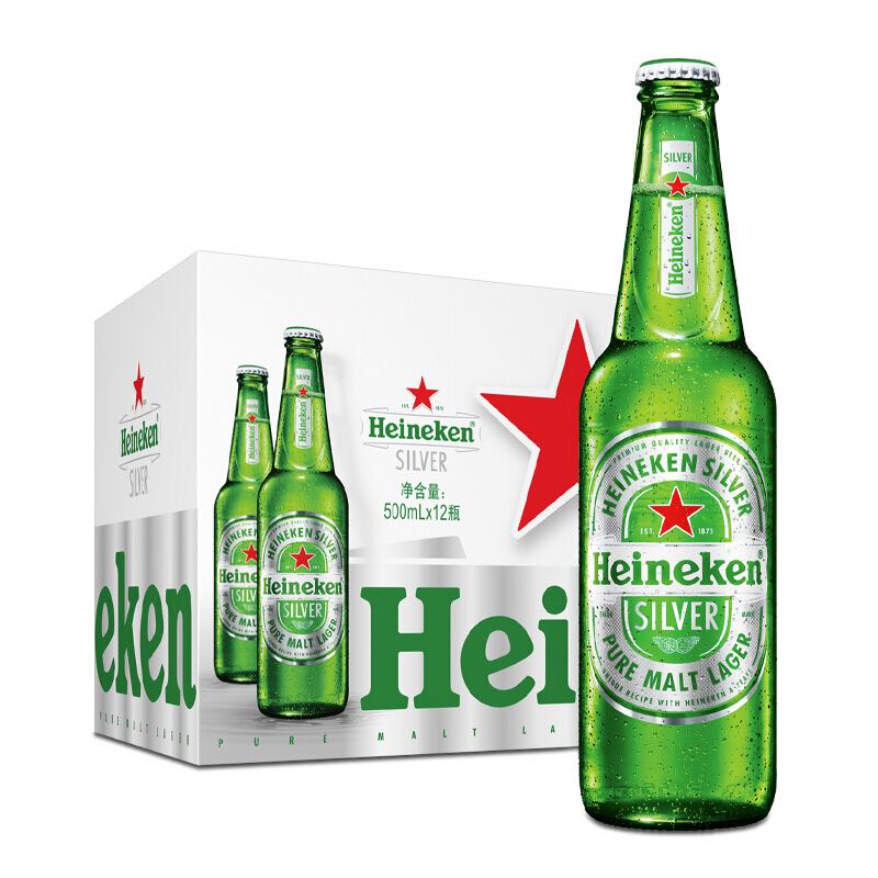 Heineken 喜力 silver星银啤酒 整箱清爽啤酒 全麦酿造 原麦汁浓度≥9.5°P 500mL 12