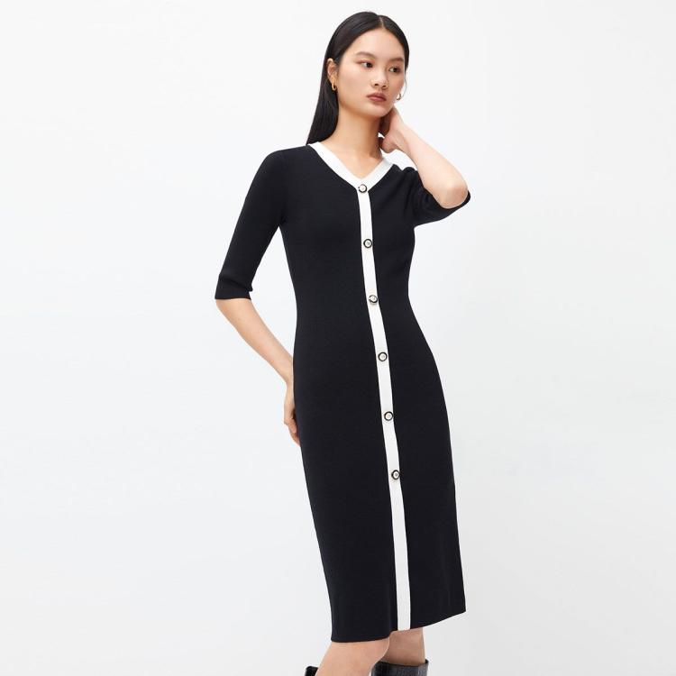 VERO MODA 小香风 女士针织连衣裙 V领撞色七分袖 152元