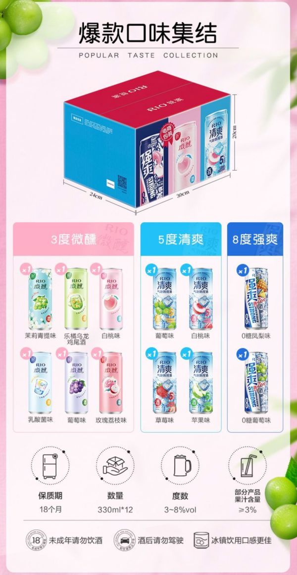 RIO 锐澳 鸡尾酒 330ml*12罐 专供礼盒(微醺6+清爽4+强爽2)