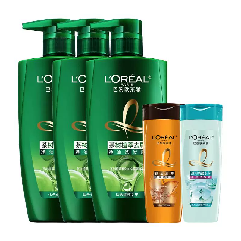 L'OREAL PARIS 欧莱雅绿瓶茶树植萃去头屑控油男女洗发水露持久留香套装官方