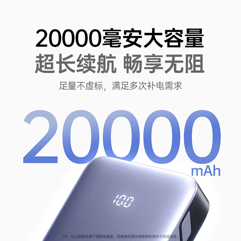 绿联 充电宝20000毫安30W双向快充 可上飞机大容量便携移动电源 适用苹果16小
