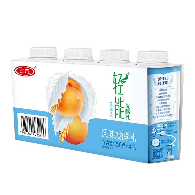 SANYUAN 三元 轻能 黄桃+大麦 250g/瓶*4 酸奶酸牛奶 12.91元（需买4件，需用券）