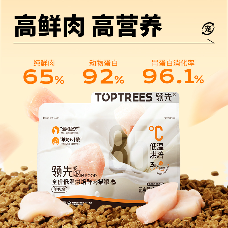 88VIP：Toptrees 领先 全价低温烘焙鲜肉猫粮 1.5kg*3包 229元包邮（双重优惠）