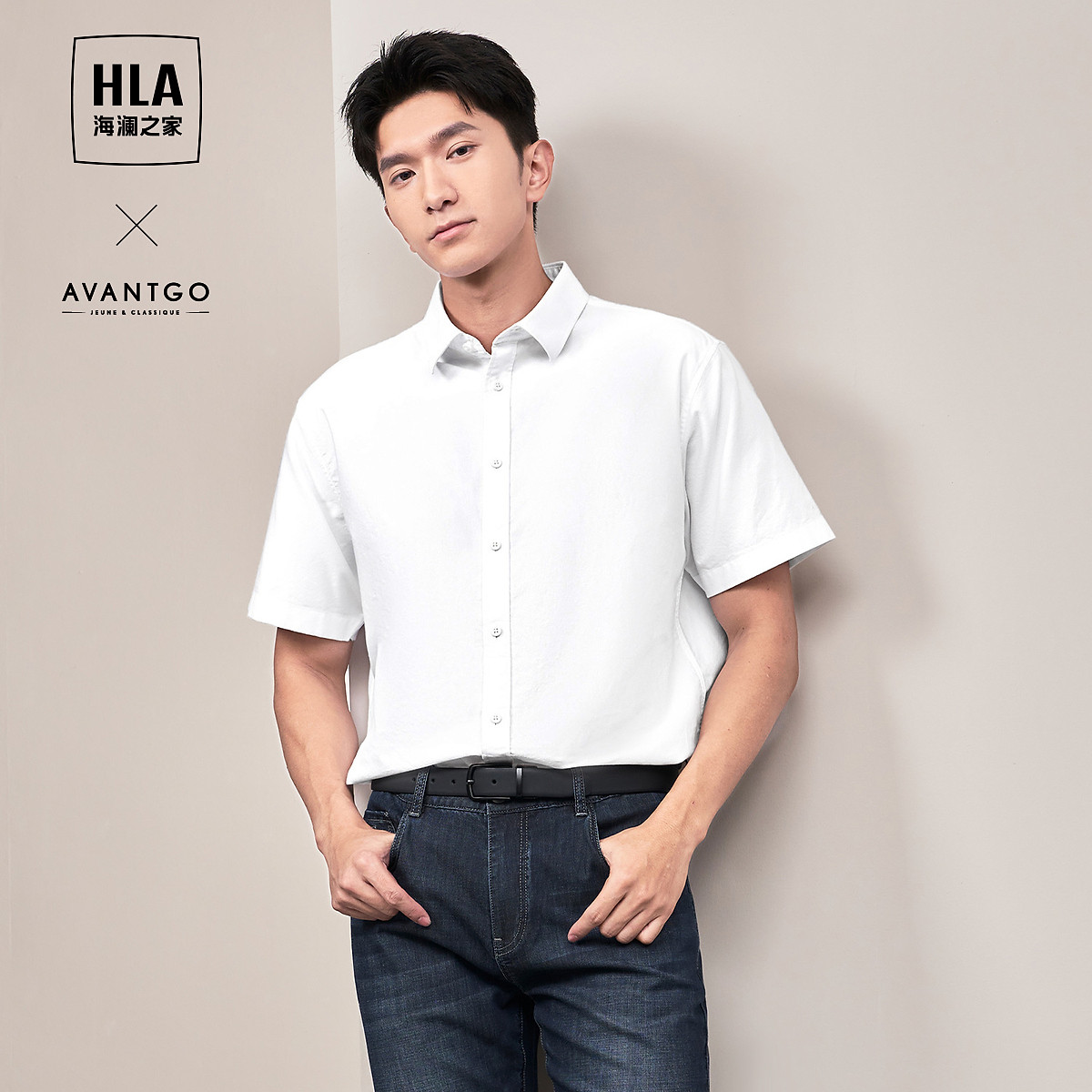 HLA 海澜之家 宽松男士短袖衬衫 HNECW2W010A18 ￥98