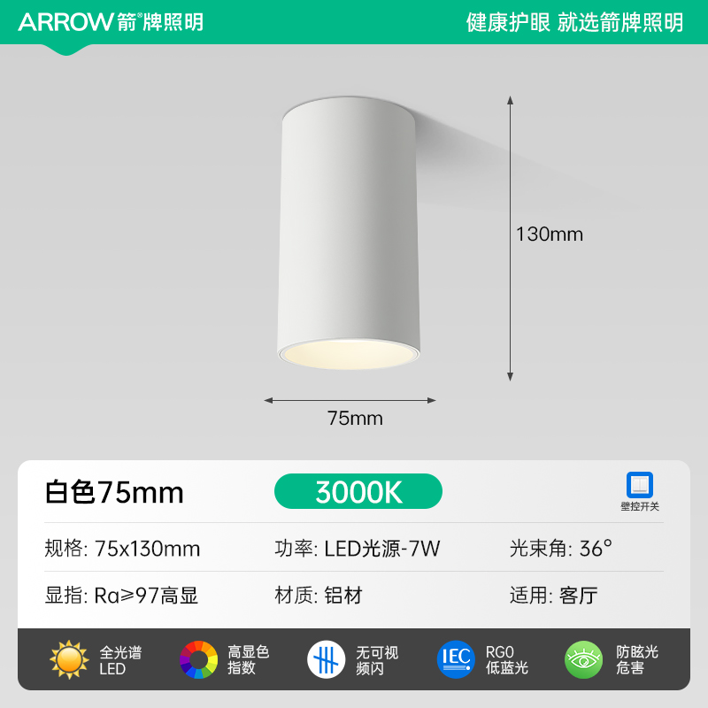 ARROW 箭牌照明 箭牌明装射灯cob走廊灯过道灯免开孔射灯圆形防眩护眼客厅无