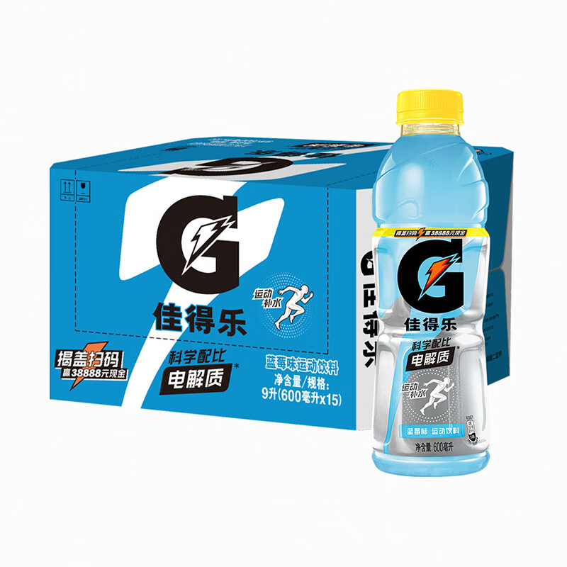 再降价、概率券：PLUS会员、GATORADE 佳得乐 蓝莓运动饮料 600ml*15瓶+凑单 36.34