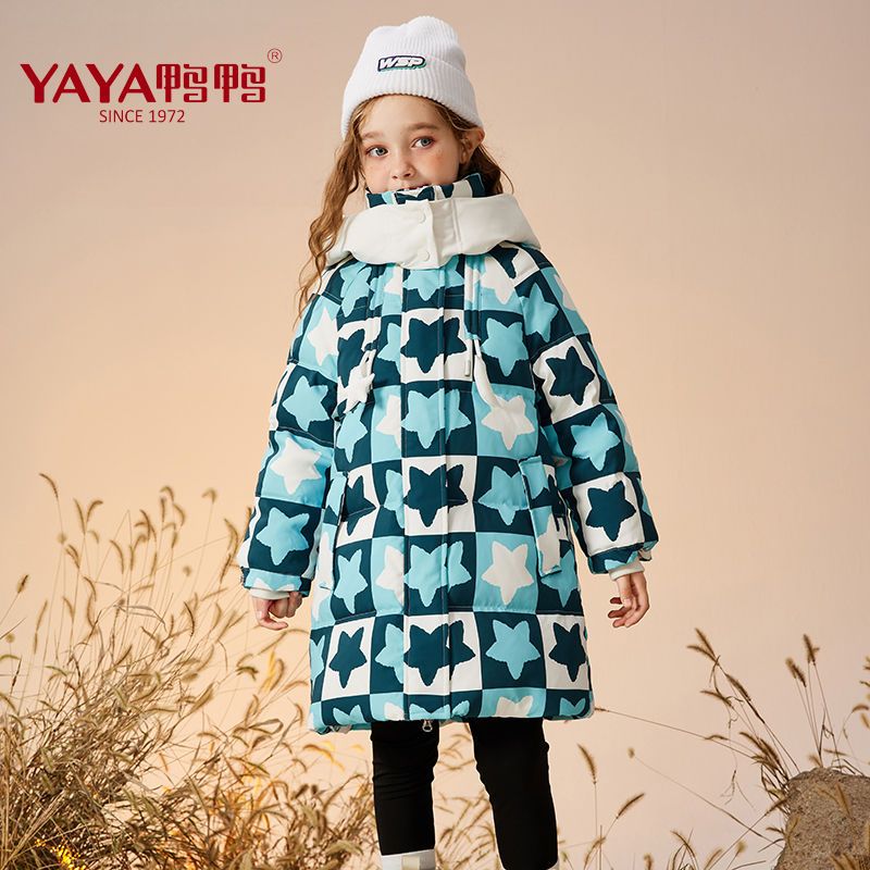 YAYA 鸭鸭羽绒服 鸭鸭儿童羽绒服外套连帽女童时尚碎花星星中长款加厚保暖9