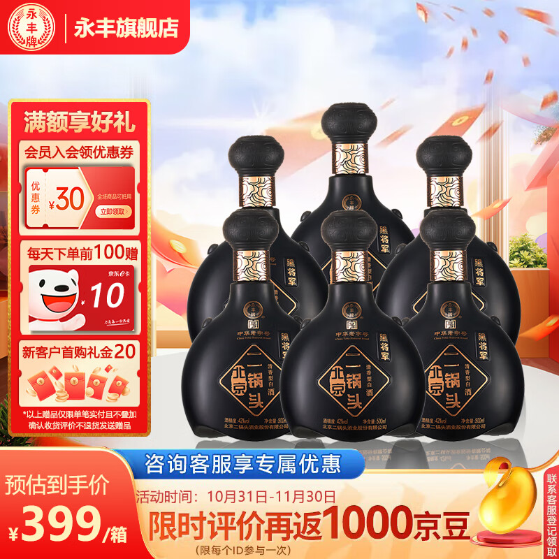 YONGFENG 永丰牌 北京二锅头白酒42度清香型白酒整箱黑将军系列 42度 500mL 6瓶 -