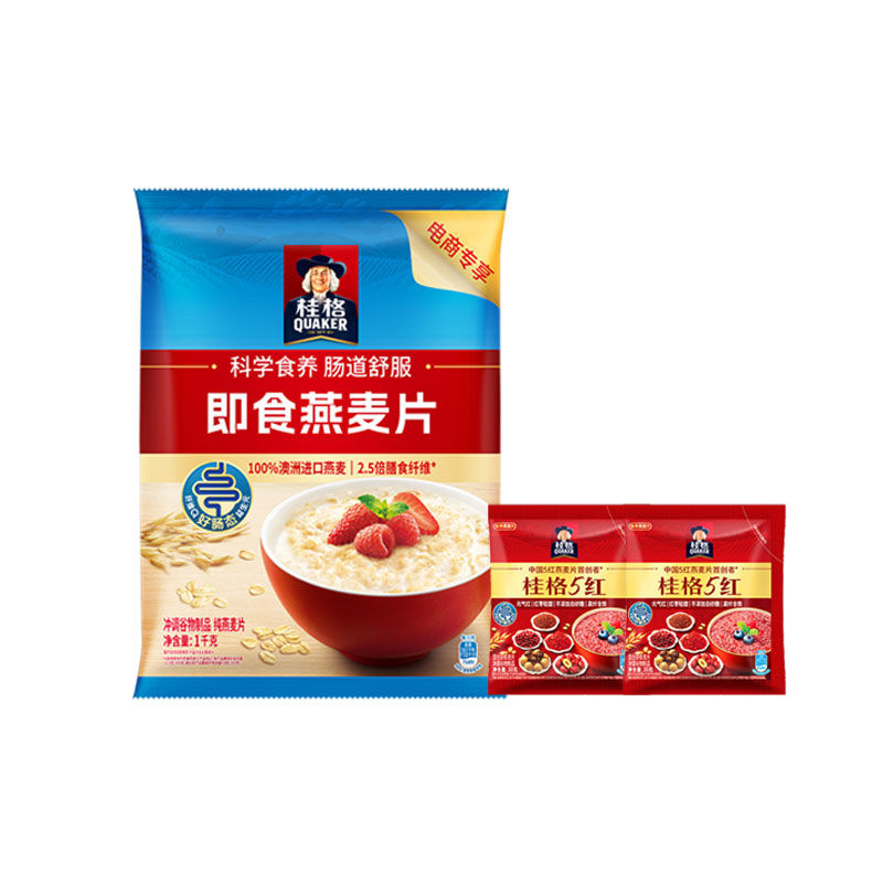 QUAKER 桂格 即食燕麦片1000g袋装+5系免煮麦片60g 12.9元包邮（需用券）