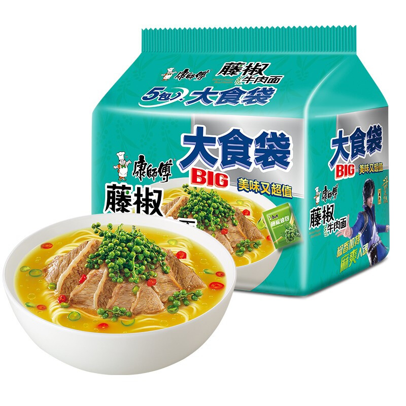 康师傅 大食袋 藤椒牛肉面 145g*5包 11.79元