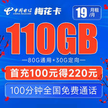 中国电信 梅花卡 19元月租（80G通用流量+30G定向流量+100分钟通话）激活送30 1