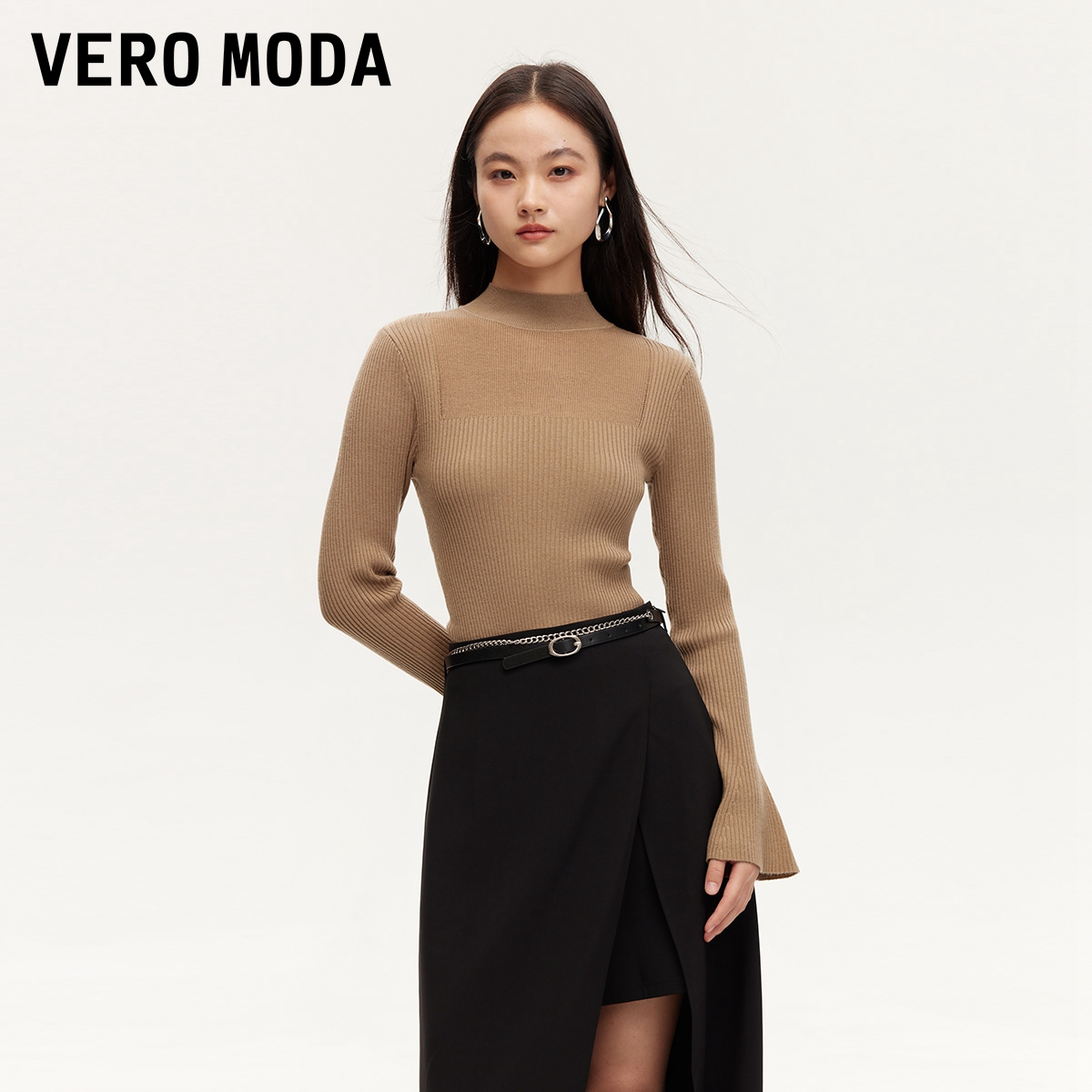 VERO MODA 针织衫24新前片透感半高领喇叭袖保暖打底衫 268.83元