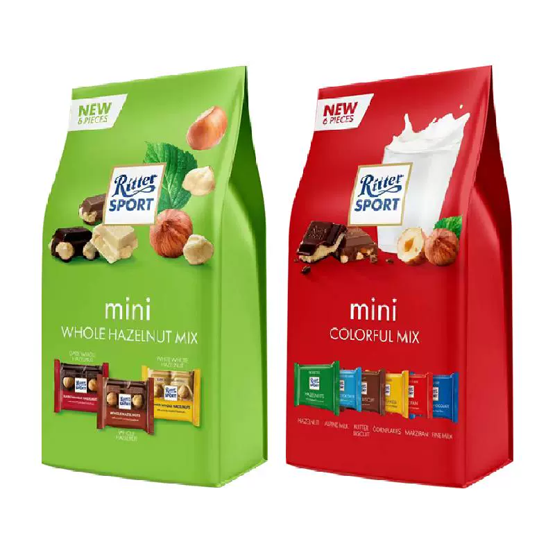 Ritter SPORT 德国RitterSport瑞特斯波德坚果夹心牛奶黑巧克力瑞特滋什锦袋装 ￥