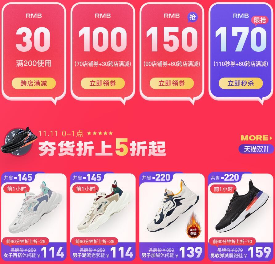 活动时间11月11日,现在可1元抢400-110元购物券,叠加每满200-30元跨店