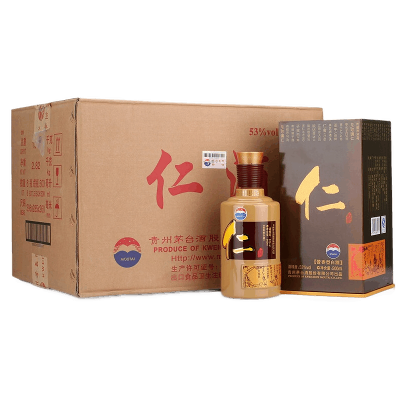 PLUS会员：MOUTAI 茅台 仁酒 酱香型 白酒 53度 500mL 6瓶 1662.06元（需用券）