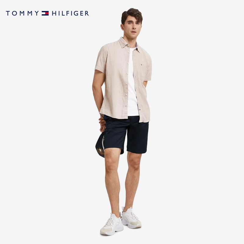 TOMMY HILFIGER Tommy 男装休闲简约透气棉麻小绣标纽扣加固短袖衬衫C8278J5370 325.5