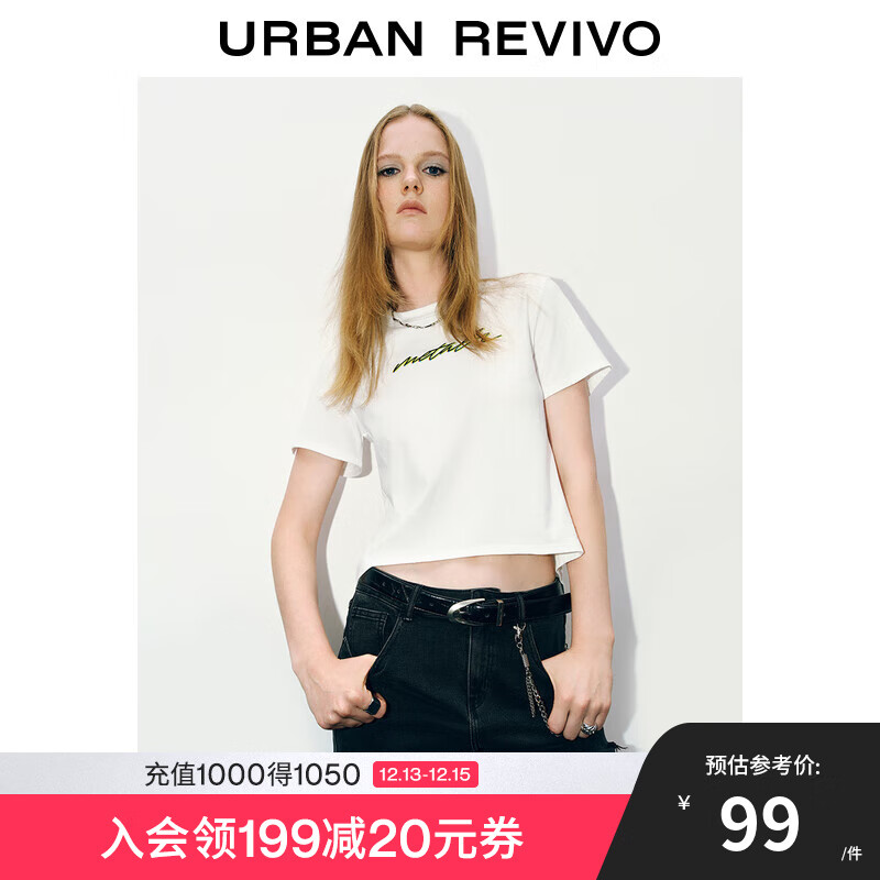 URBAN REVIVO UR2024秋季女装设计感不对称字母印花短袖T恤UYV440050 本白 M 139元（