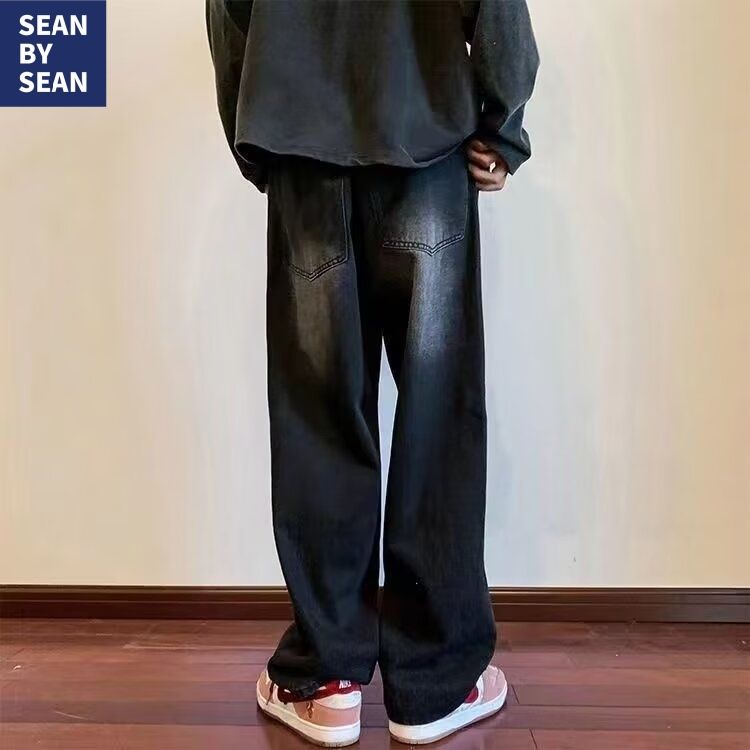 SEAN BY SEAN 牛仔裤男女纯色国潮牌韩版潮流裤子宽松直筒阔腿裤子 34.2元