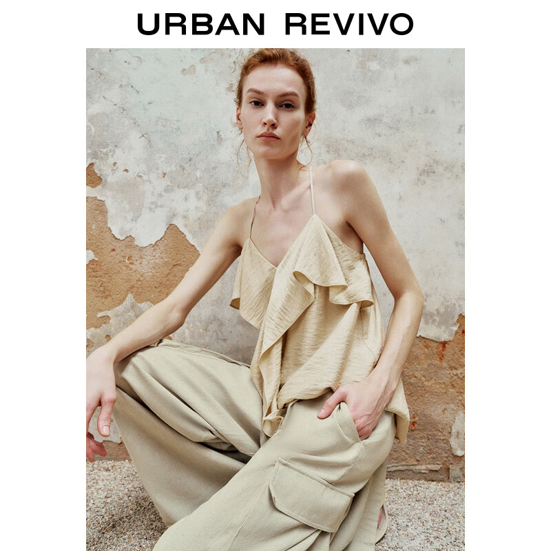 URBAN REVIVO 女士时尚休闲荷叶边露背V领吊带衫 UWH240095 米白 XS 139元（需买2件