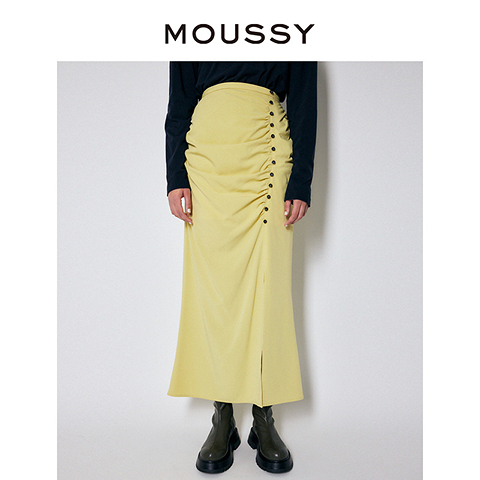 百亿补贴：Moussy 春季新品纯色高腰抽褶开叉半身鱼尾裙女010FA230-7300 145.4元