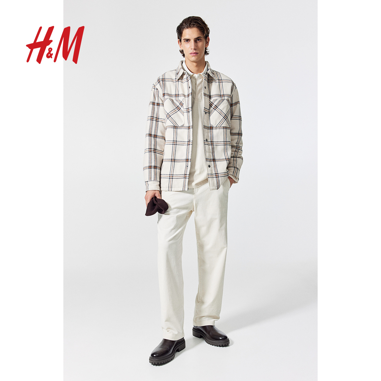 H&M HM男装夹克2023冬季新款保暖休闲柔软舒适翻领格纹外套1070735 138元