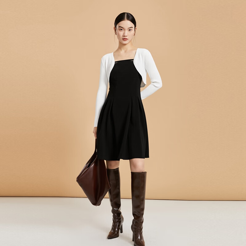 VERO MODA VEROMODA2023秋冬新款吊带纯色A字收腰七分袖针织衫连衣裙女 黑色-S59 68