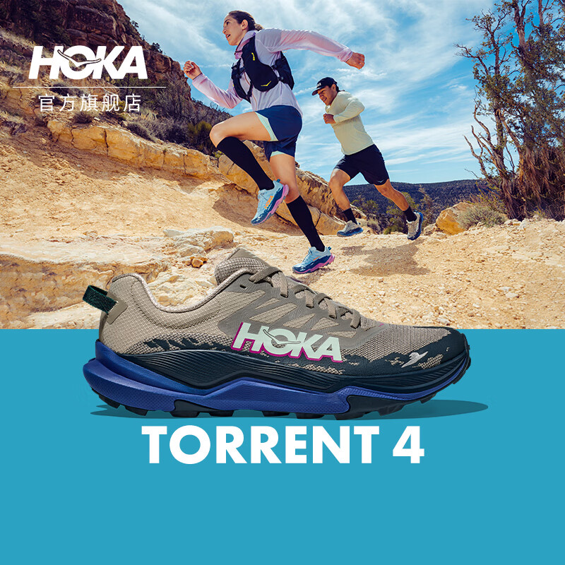 HOKA ONE ONE 男女款夏季托伦特4越野跑步鞋TORRENT 4竞速减震耐磨 灰褐色/深蓝色