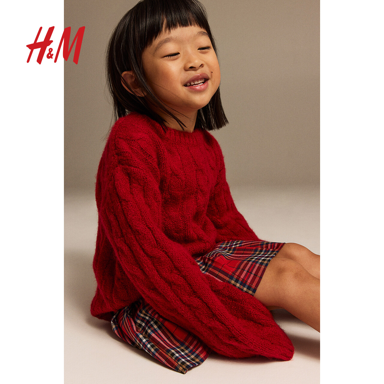 H&M HM童装女童裙子冬季英伦学院风清新红色格纹拉链A字裙短裙1076513 55.25元