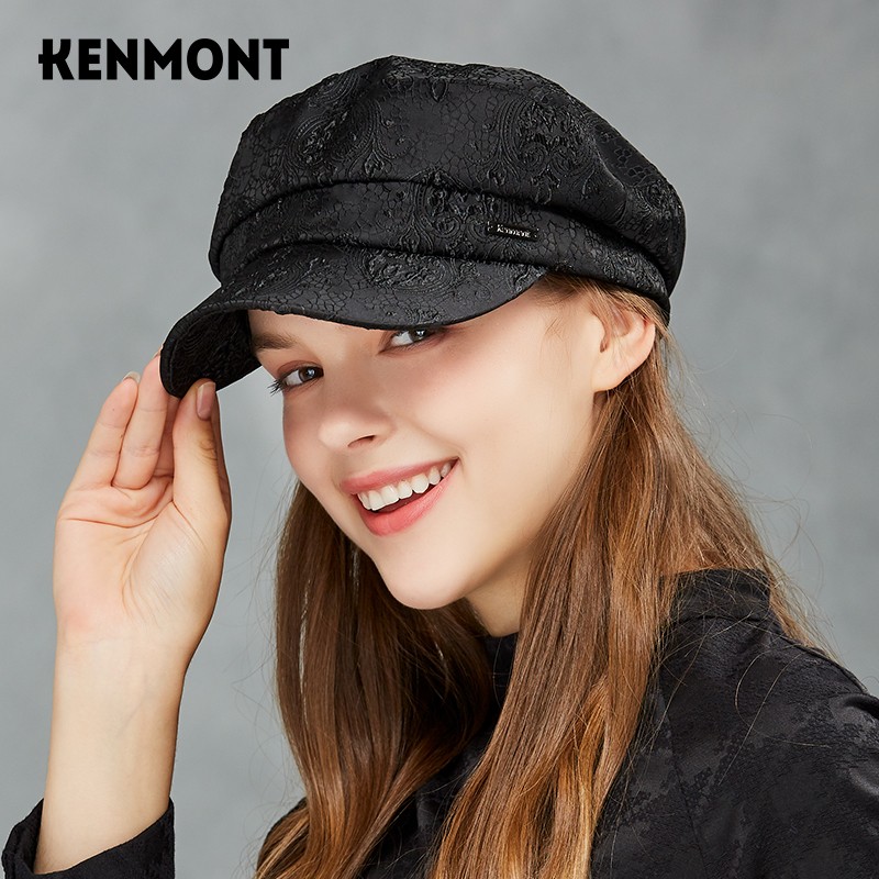 KENMONT 卡蒙 秋冬帽子女英伦复古百搭黑色八角鸭舌贝雷帽带帽檐提花缎面5024