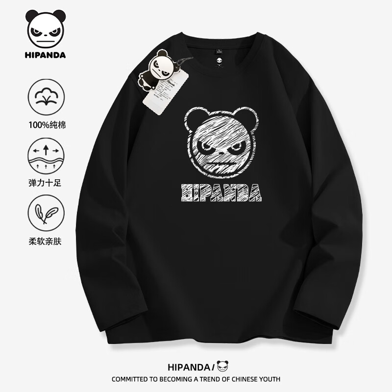 HIPANDA 你好熊猫 HI PANDA你好熊猫长袖t恤男纯棉设计感铅笔画印花美式休闲潮i