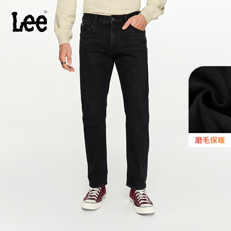 PLUS会员：Lee 726 标准中腰 直脚磨毛 直筒保暖牛仔裤 A05563 黑色 185.49元包邮