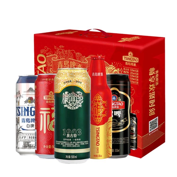 TSINGTAO 青岛啤酒 全家福中秋礼盒送礼 500ml*8听+ 355mL 2瓶 礼盒装 （赠品鸭头