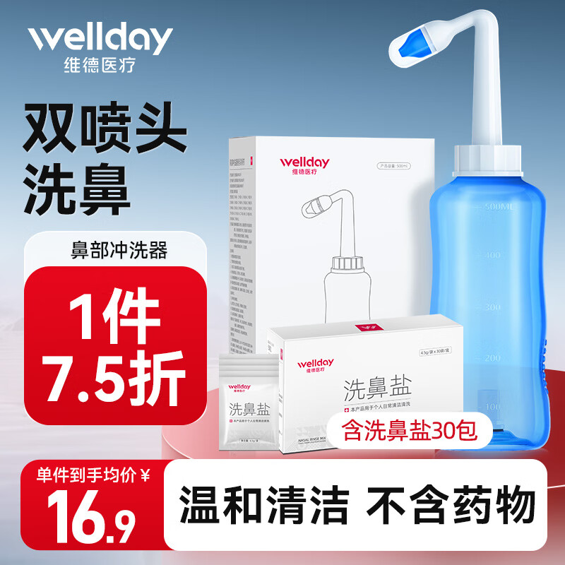 PLUS会员：WELLDAY 维德 生理盐水鼻腔清洗器 手动洗鼻子器500ml 10.75元