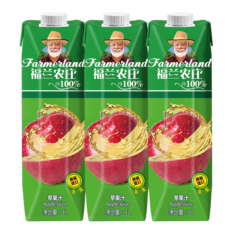 PLUS会员，概率券:福兰农庄 希腊进口 100%苹果汁1L*3瓶*2件 27.69元包邮（折13.84