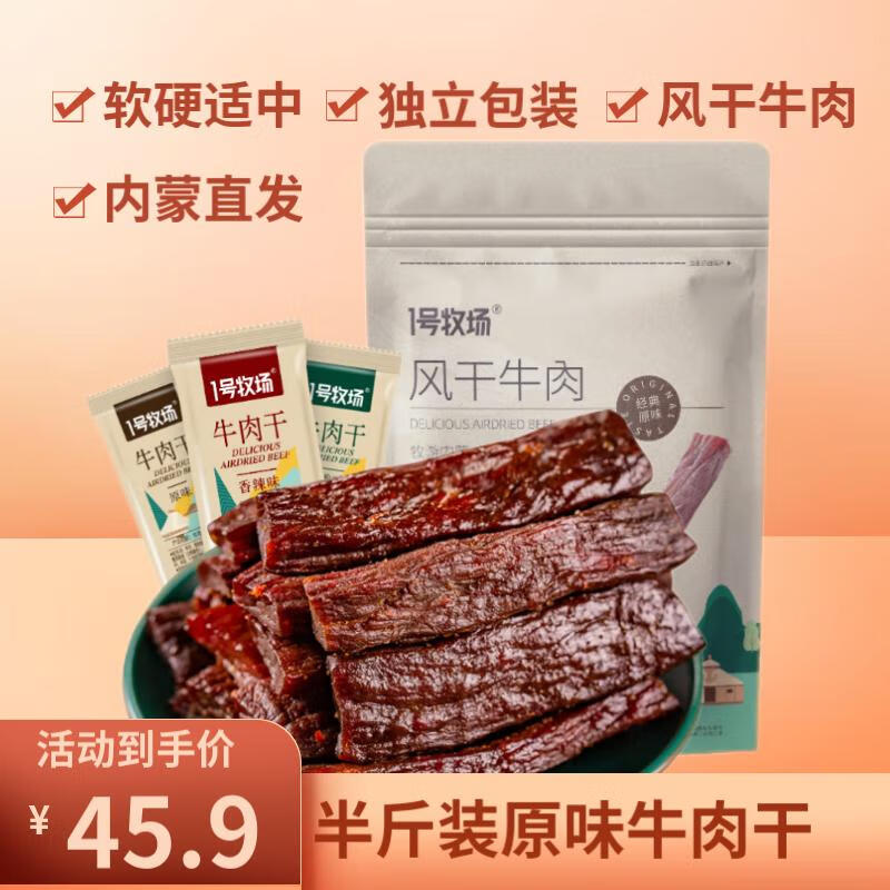 1号牧场 5成手撕牛肉内蒙古特产风干牛肉干独立包装肉干肉脯 原味250g一袋 