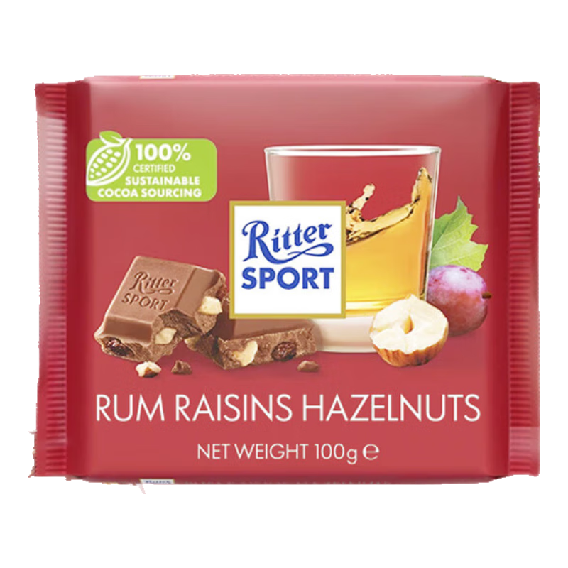 需首购、PLUS会员：瑞特滋（RITTER SPORT）朗姆酒葡萄干榛子仁碎夹心牛奶巧克