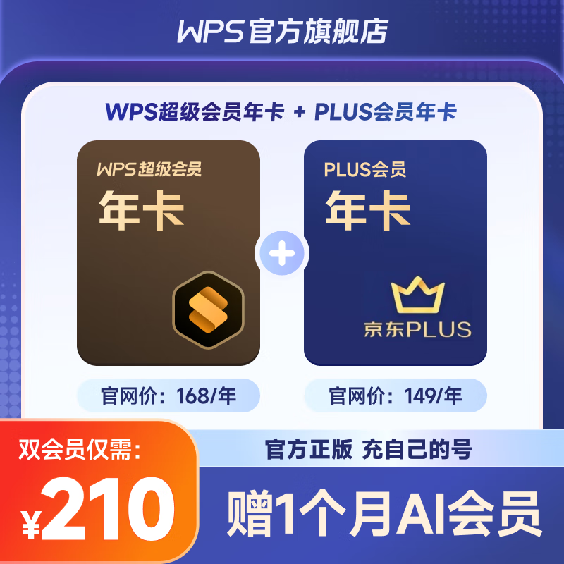 PLUS：WPS 金山软件 超级会员年卡+京东年卡+AI会员月卡 198元（需用券）