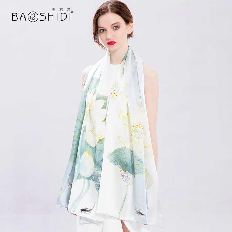 BAOSHIDI 宝石蝶 真丝丝巾围巾女缎面桑蚕丝旗袍披肩母亲节礼盒/荷韵2 荷韵悠