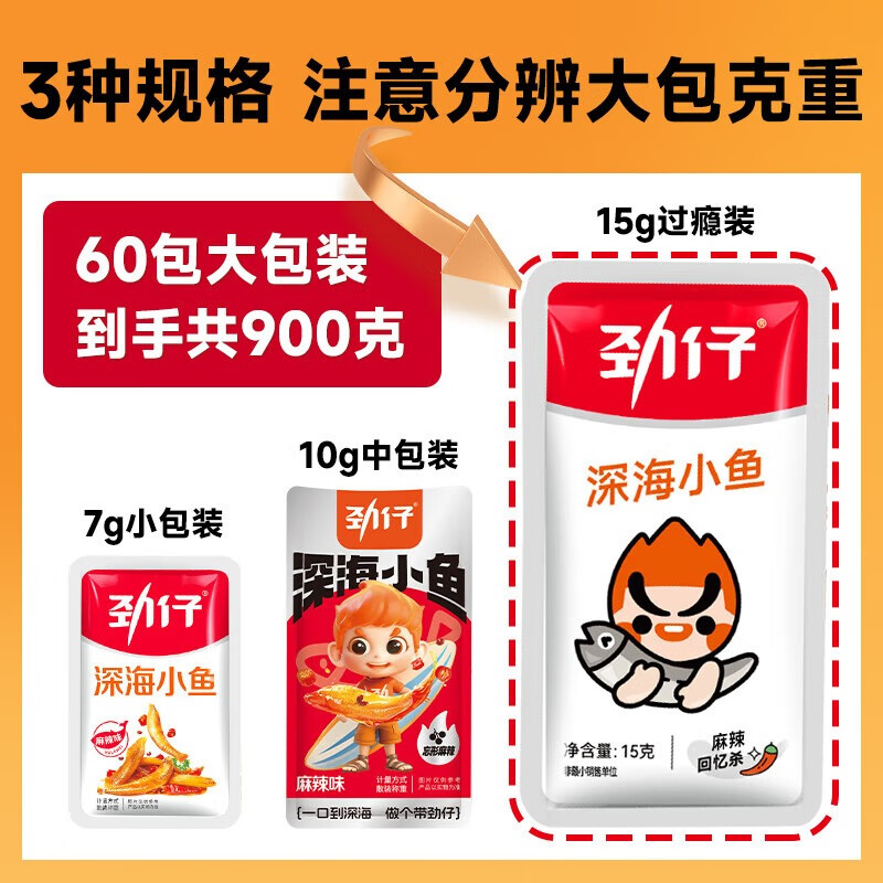 JINZAI 劲仔 小鱼干 麻辣+香辣 15g*60包 共900g（清仓价） 15.22元（需买3件，需