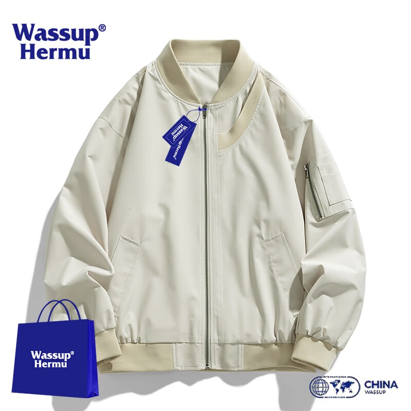 WASSUP HERMU 潮牌联名夹克男女秋春春季美式痞帅棒球服宽松大码飞行服外套 